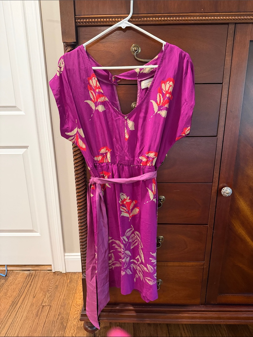 Moulinette Soeurs Magenta Floral Silk Dress with Pink Belt